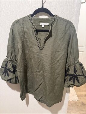 Chico's Olive Green Embroidered Bell Sleeve Tunic Top